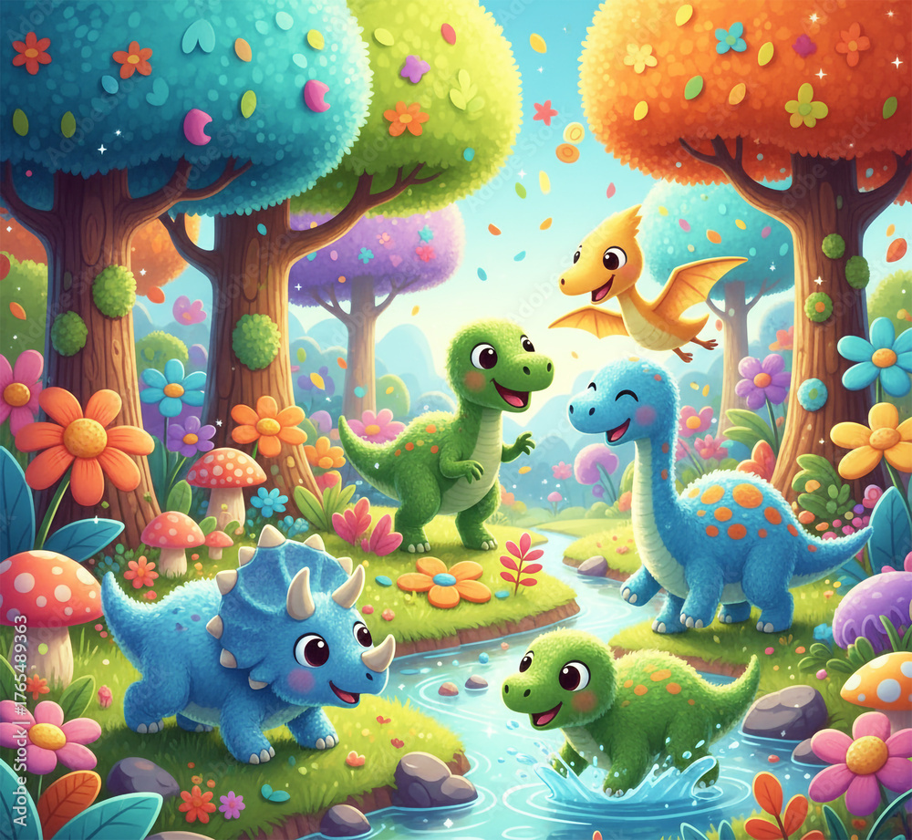 Fototapeta premium Playful Dinosaurs in a Whimsical Forest