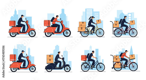 Delivery people on scooters and bicycles delivering packages in a city setting.