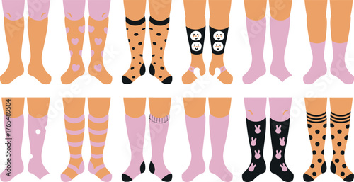 Cartoon Legs with Colorful Socks Polka Dots, Hearts, Bunnies, Stripes, and Solid Colors