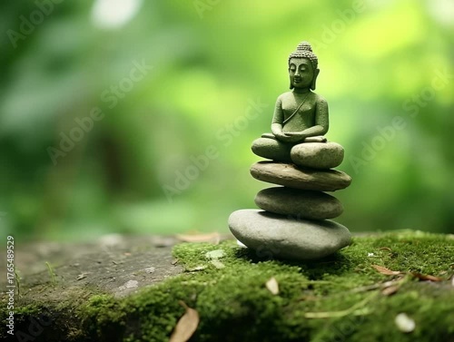 Stone Buddha sculpture balanced on stacked rocks in a serene forest setting