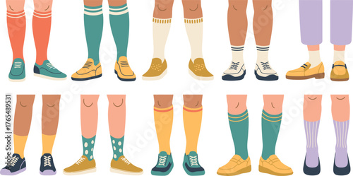 Cartoon Legs with Various Socks and Shoes Flat Design Illustration, Footwear Fashion Mix