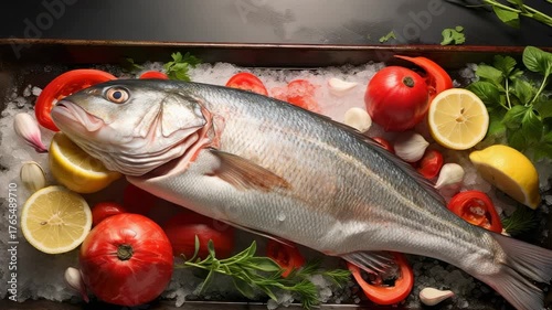 Freshly prepared fish with vibrant vegetables on ice ready for cooking in a modern kitchen display