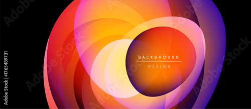 Abstract vibrant layers create circular design. Warm colors blend into cool hues. Background suggests modern aesthetic.