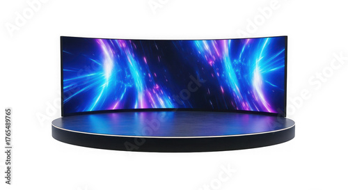 Curved led screen stage with abstract blue and purple light effects isolated on transparent background