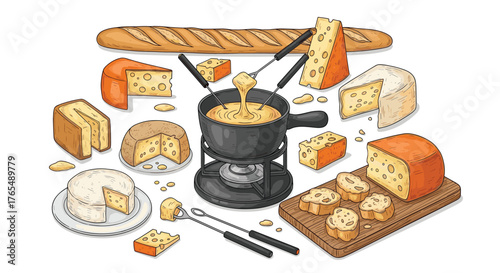 Delicious Cheese Fondue with Assorted Cheeses and Bread.