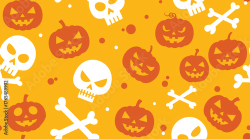 Vector art of a vibrant halloween pattern of grinning jackolanterns, spooky skulls, and crossed bones on a golden background evokes a playful yet eerie festive mood