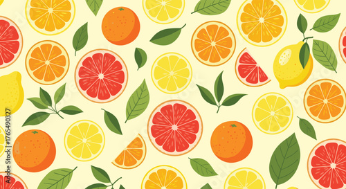 Vibrant Citrus Fruit Pattern with Fresh Oranges, Lemons, and Grapefruits.