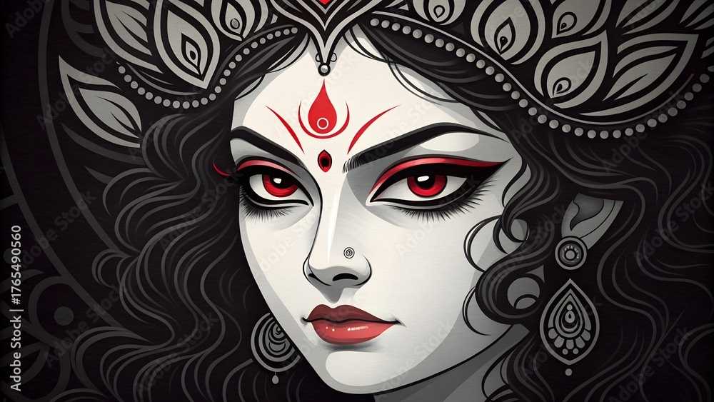 Fototapeta premium Stylized portrait of hindu goddess durga intense gaze ornate headdress vivid red accents