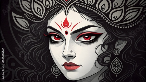 Stylized portrait of hindu goddess durga intense gaze ornate headdress vivid red accents