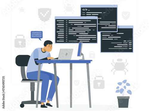 Programmer working on laptop with code and binary on white background coding computer