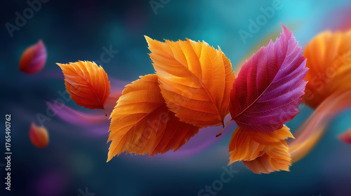 Autumn leaves in vibrant orange and purple colors float gently against soft blue and purple blurred background, evoking calm and peaceful mood