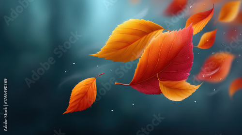 Autumn leaves in vibrant orange and red colors gently floating in air with soft blurred background creating peaceful seasonal atmosphere