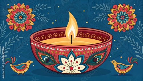 Vibrant diya candle glow illuminates festive decorations with birds and floral motifs