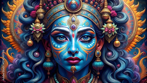 Vibrant psychedelic portrait of hindu goddess kali cosmic divine energy