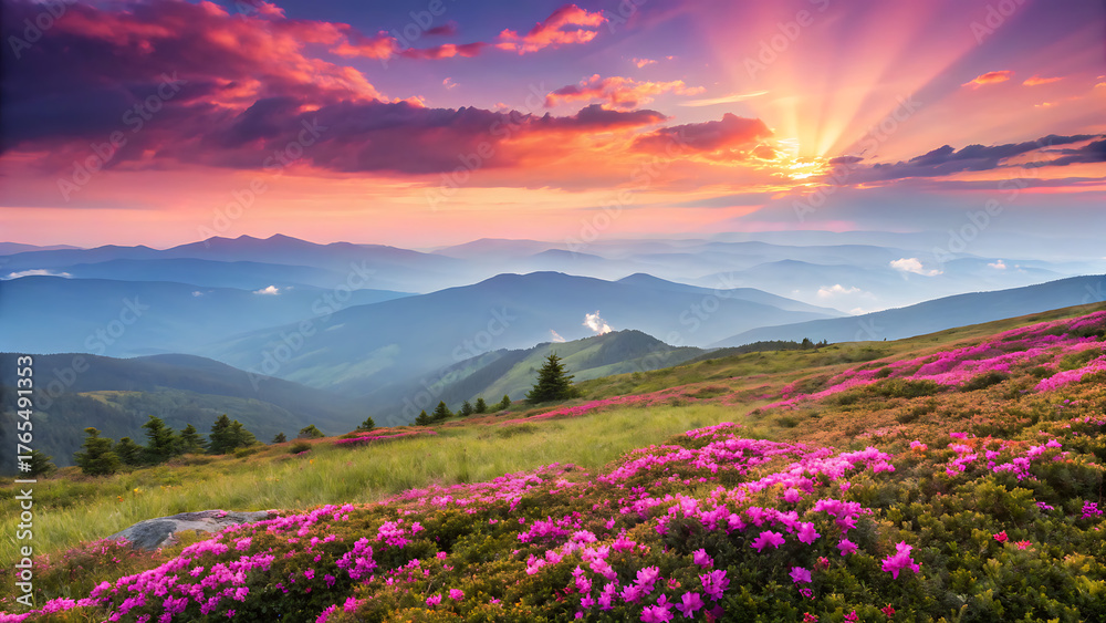 Fototapeta premium The vibrant sunset paints the mountain landscape with hues of pink and orange, illuminating the blooming rhododendrons on the hillside in a breathtaking vista