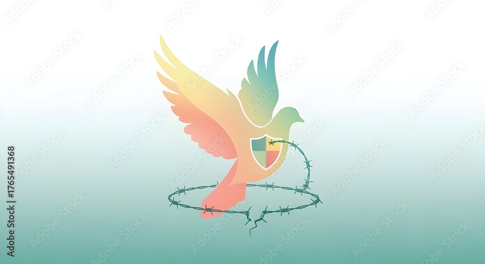 Obraz premium Symbolic dove breaking free from barbed wire symbolizing peace overcoming conflict and oppression
