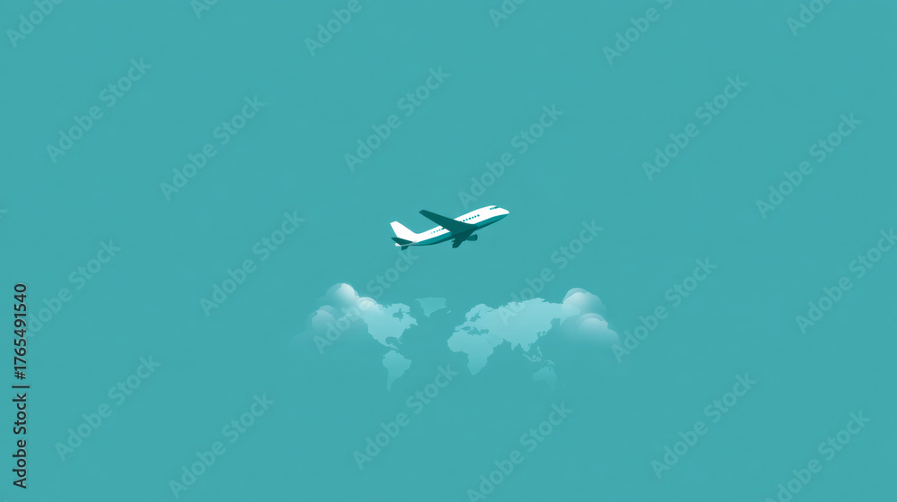 Fototapeta premium Airplane flying over world map with clouds
