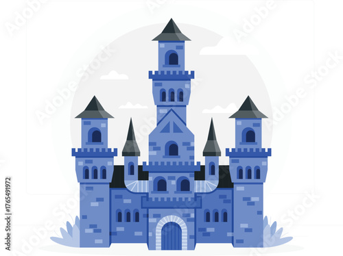 Blue medieval castle with towers and arched entrance on white background Keywords: castle, medieval, fortress, architecture, building, structure, fantasy, fairy tale, royal, king, queen, princess