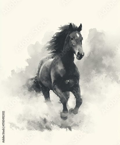 Watercolor horse painting galloping through mist, expressive monochrome artwork.