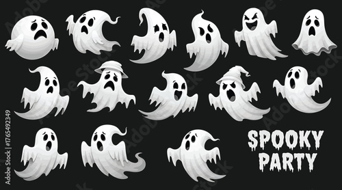 Vector art of spooky party design featuring a collection of cute ghosts with different expressions floating in the dark, perfect for halloween decorations and invitations, isolated on