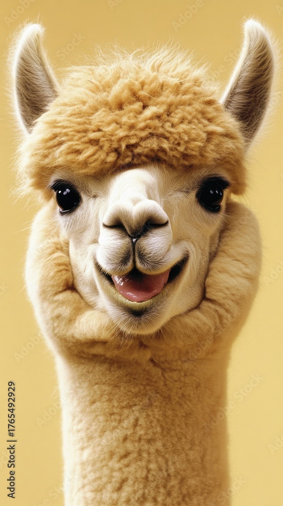Fototapeta premium Close-up of a gentle alpaca captured at ground level, showcasing its pure nature in vibrant colors under natural lighting