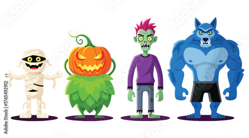 Vector art of a spooky and fun halloween lineup featuring a mummy, pumpkin, zombie, and werewolf, all standing together, ready for a night of trickortreating