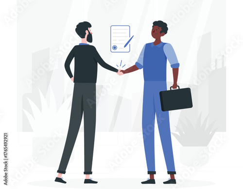 Two businessmen shaking hands over a contract agreement vector illustration