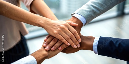 Wallpaper Mural Hands Working in a Corporation Business and Technology concept. Hands joined together in collaboration, symbolizing teamwork and unity in a professional setting. Torontodigital.ca