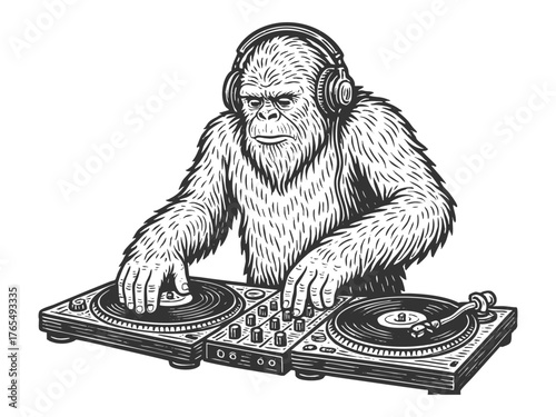 yeti DJ wearing headphones and DJing on turntables sketch engraving generative ai fictional character vector illustration. Scratch board imitation. Black and white image.