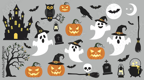 Vector art of halloween pixel art set with cartoon characters including ghosts, pumpkins, bats, owls, castles, moons, cauldrons, tombstones, ravens, and brooms on a gray background