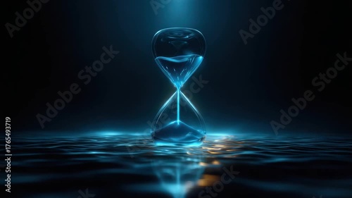 A glowing, ethereal hourglass stands over rippling blue water, reflecting light