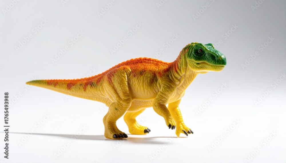 Obraz premium Yellow, green dinosaur toy, side view, cast shadow on white