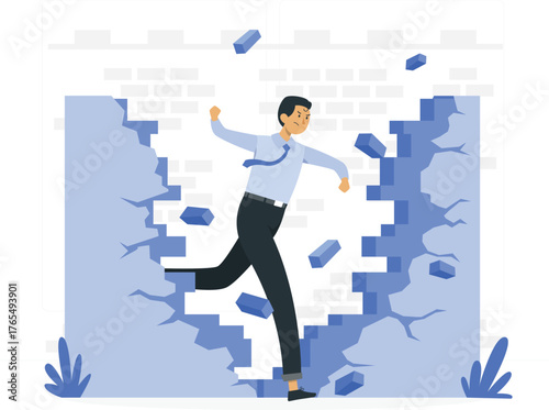 Man Breaking Through Brick Wall with Flying Debris and Plants Keywords: man, breaking, wall, brick, destruction, power, strength, breakthrough, obstacle, challenge, determination, effort