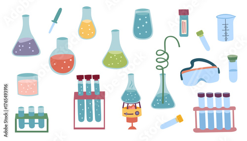 A set of laboratory flasks and test tubes isolated on white background. Concept of scientific experiments or researches. Vector flat cliparts.