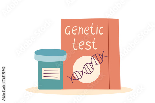 Vector illustration of a home DNA testing kit with a container and packaging. Concept of genetic research, ancestry testing, personalized medicine and modern biotechnology. Clipart isolated on white.
