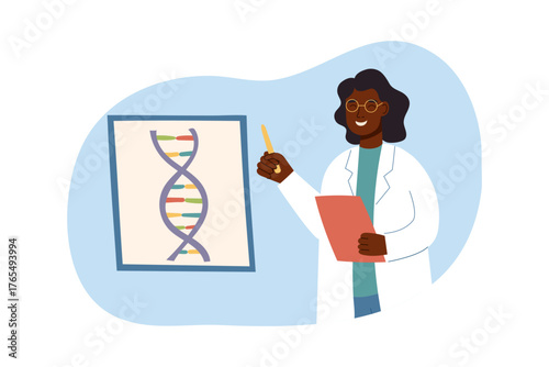 Female scientist explaining DNA structure. Concept of genetics, science, biotechnology and STEM education concept. Vector flat illustration isolated on white background.