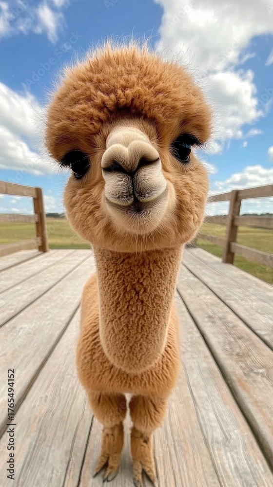 Naklejka premium Capturing the gentle spirit of an alpaca at ground level in vibrant natural light on a tranquil farm setting