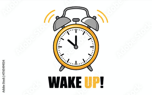 Yellow Alarm Clock Ringing with Wavy Sound Lines and Wake Up Text time morning