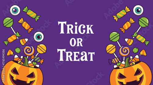 Vector art of halloween illustration featuring pumpkins filled with candy and the text trick or treat on a purple background