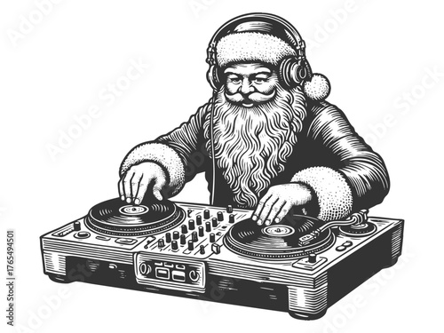 Santa Claus as a DJ mixing vinyl at a festive holiday party sketch engraving generative ai fictional character vector illustration. Scratch board imitation. Black and white image.