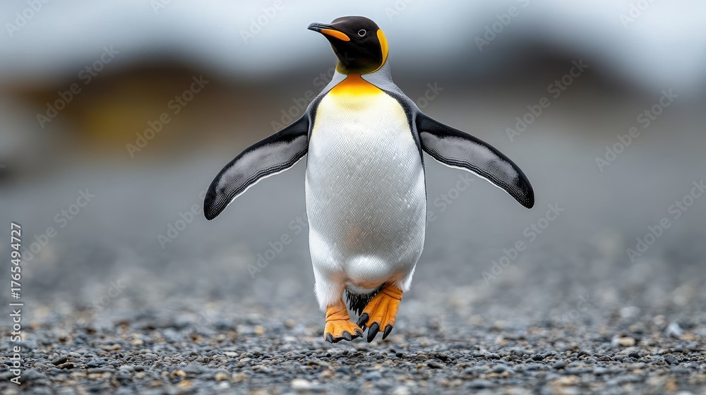 Fototapeta premium A gentle penguin waddles gracefully across the rocky terrain, showcasing its vibrant colors in the breathtaking natural landscape