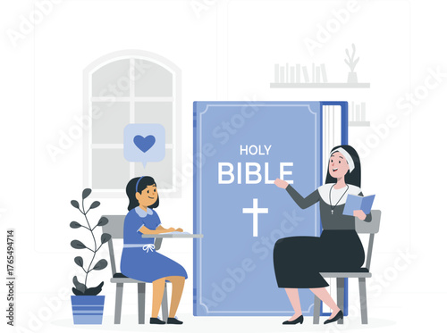 Nun Teaching Girl About Holy Bible in Classroom Setting learning