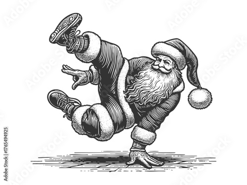 Santa Claus performing a breakdance sketch engraving generative ai fictional character vector illustration. Scratch board imitation. Black and white image.