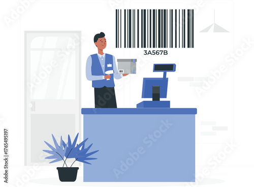 Store clerk scanning a package at a checkout counter with a barcode and computer cashier