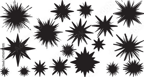 Black grunge starburst vector set: diverse shapes, spiky, explosion, sunburst elements.
