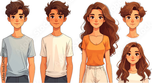 Cute animated characters, young boy and girl in casual clothing. Illustration of teen couple with wavy hair and casual fashion. Casual characters in casual style, perfect for illustrations