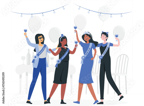 Four women celebrating a bachelorette party with sashes, balloons, and drinks bride to be bridesmaid
