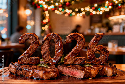 Juicy steak arranged in the shape of the numbers 2026 on a wooden plate, with a blurred festive restaurant background and New Year's atmosphere suitable for banner advertising in food industry
