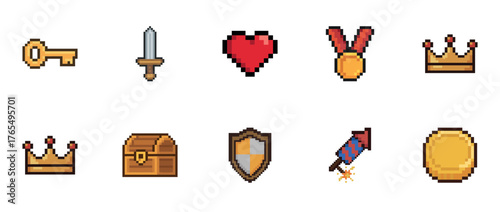 Pixel art icons: key, sword, heart, medal, crown, chest, shield, firework, coin