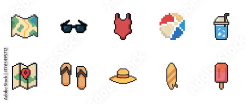 Pixel art beach icons: map, sunglasses, swimsuit, ball, drink, sandals, hat, surfboard, popsicle